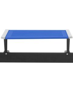 Tavolino blu in acciaio microforato per panche applicabile sulla trave